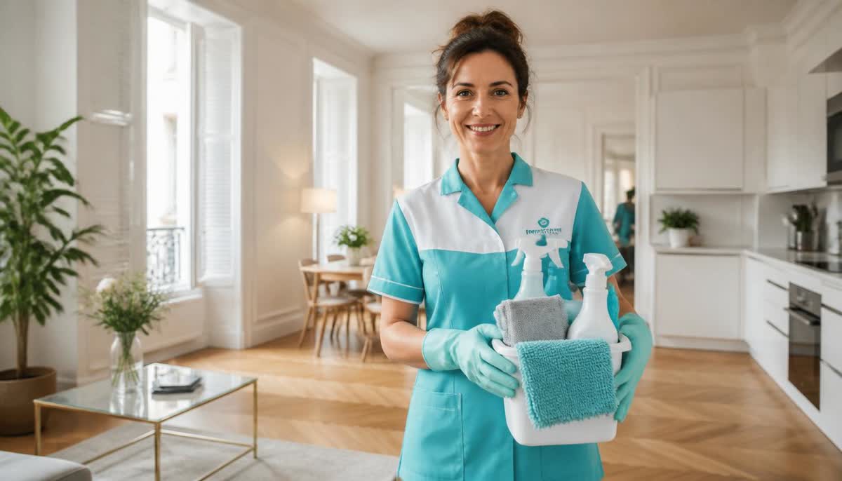 Professionnelle du nettoyage dans un intérieur lumineux de style européen